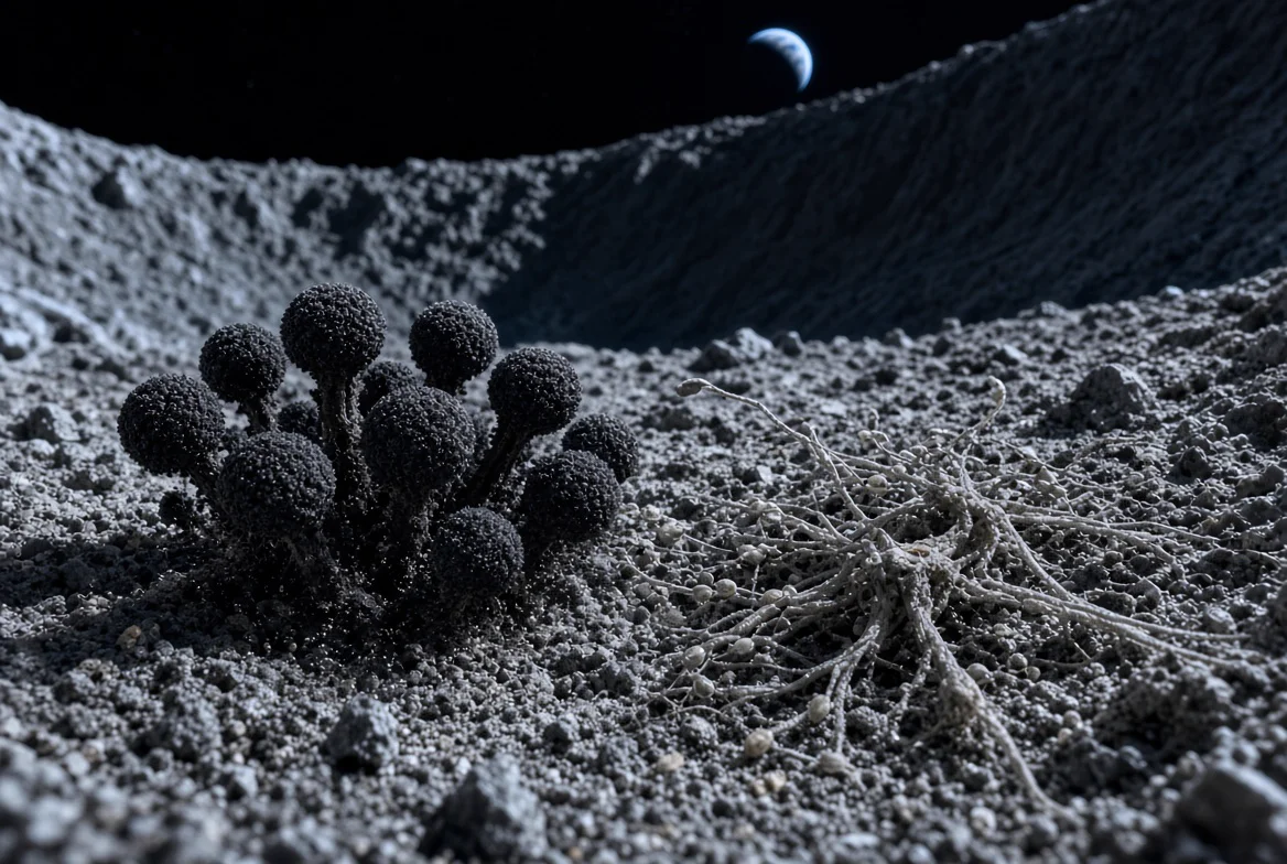 High-fidelity scientific visualization of common Earth fungi such as Aspergillus niger surviving on lunar regolith in a permanently shadowed south-polar crater, based on NASA-led computational models of microbial endurance under extreme space conditions